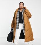 Violet Romance Plus Longline Puffer Coat With Funnel Neck In Tan-brown