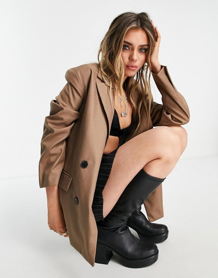 Bershka Double Breasted Oversized Blazer In Chocolate-brown