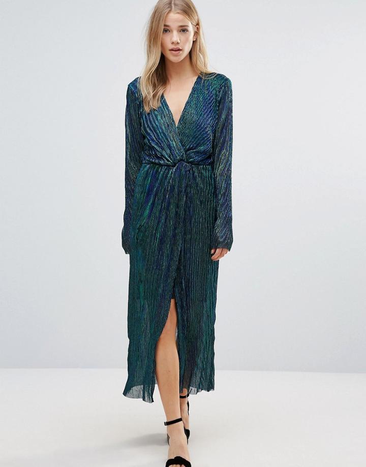 First & I Sheer Detail Dress With Long Sleeves - Blue