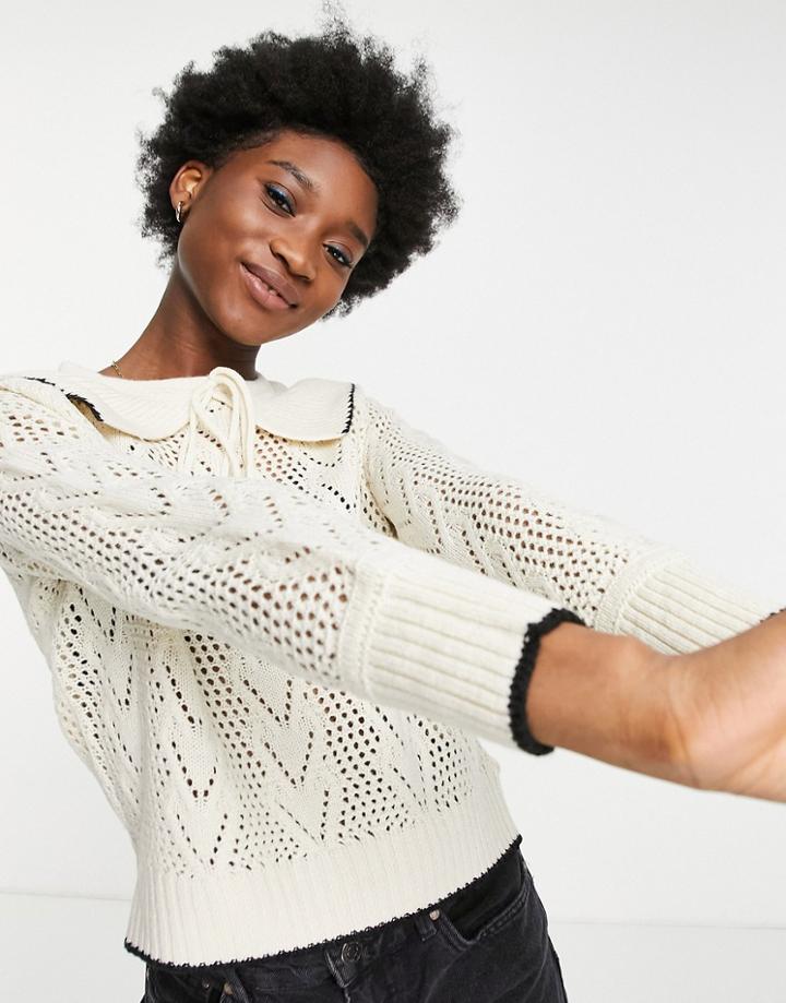Jdy Tie Collar Detail Pointelle Sweater In Cream-white
