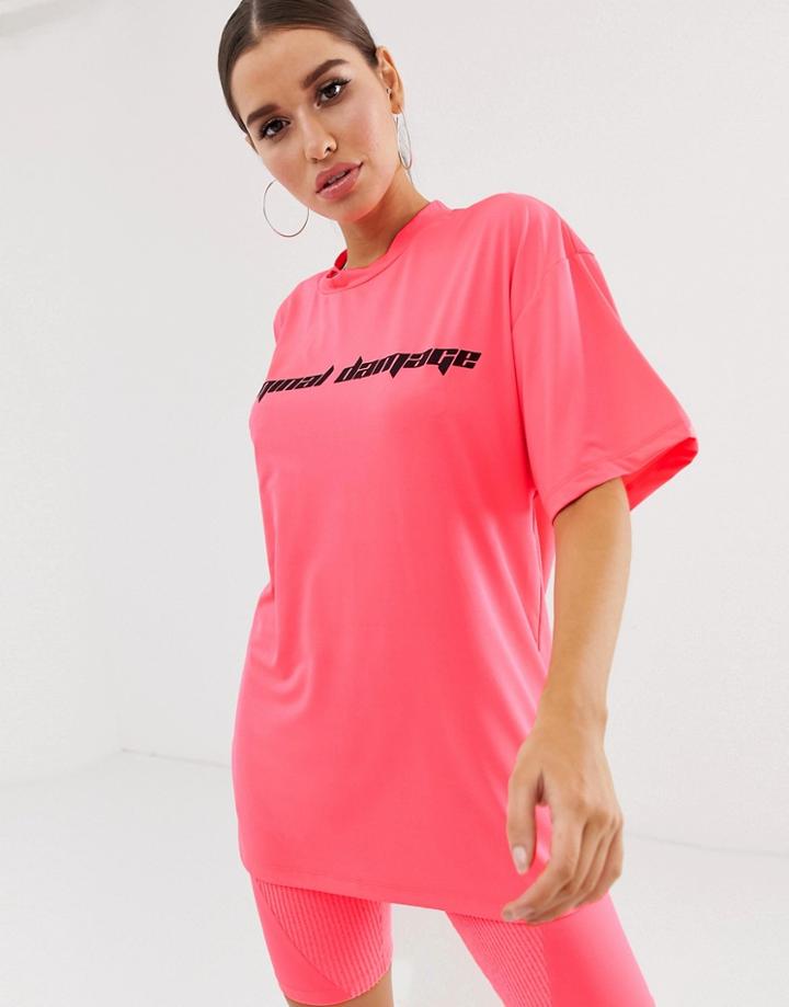 Criminal Damage Oversized T-shirt With Logo In Neon - Pink