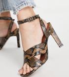 Asos Design Wide Fit Wayside Cross Strap High Heeled Sandals In Snake-brown