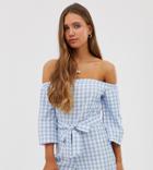 Boohoo Bardot Romper With Tie Waist In Blue Gingham - Blue