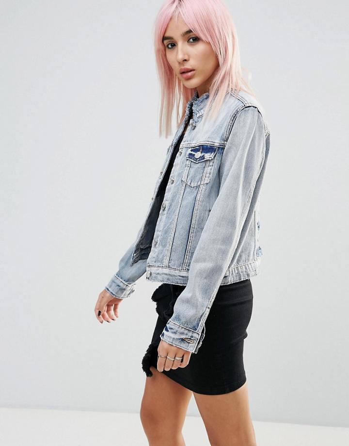 Noisy May Raw Hem High Neck Denim Jacket - Blue