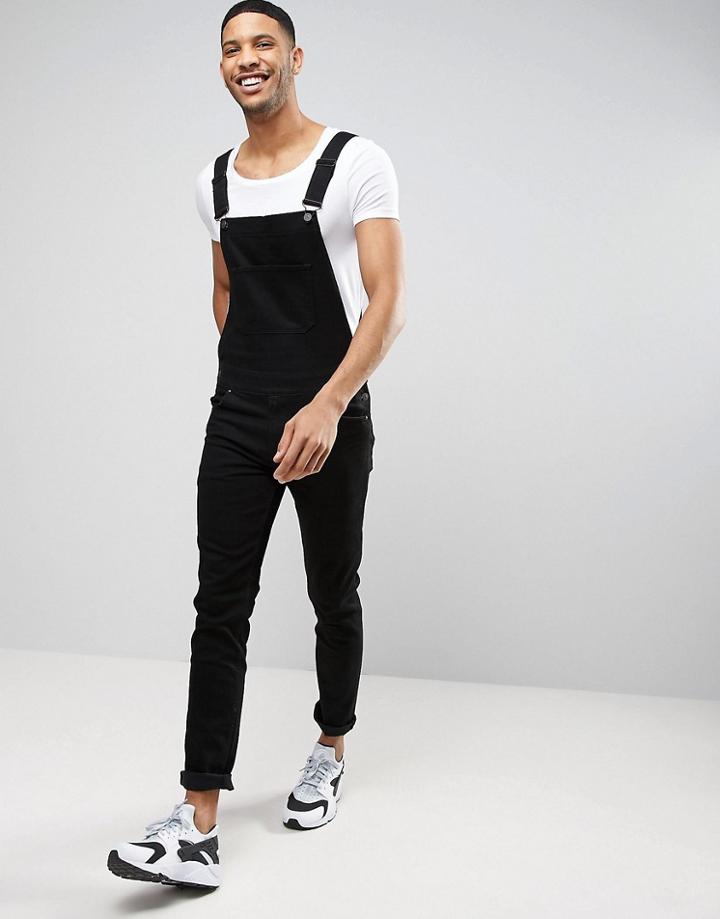 Asos Skinny Denim Overalls In Black - Black