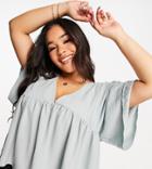 Asos Design Curve V Neck Smock Tee In Washed Blue-blues