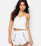 Liquor & Poker Crop Cami Top With Multicolored Pom Pom Trim - White