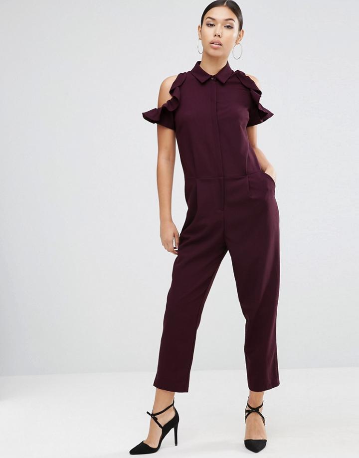Asos Shirt Jumpsuit With Cold Shoulder Ruffle Sleeve - Red