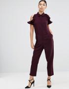 Asos Shirt Jumpsuit With Cold Shoulder Ruffle Sleeve - Red