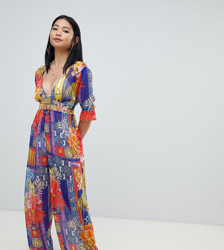 Asos Design Petite Chiffon Plunge Beach Jumpsuit In Tropical Tile Print-multi