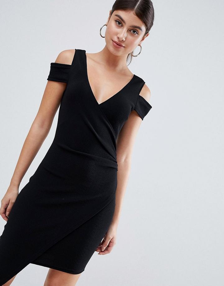 Ax Paris Cold Shoulder Midi Dress With Split Detail - Black