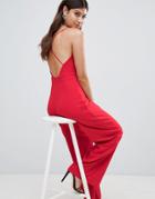 Prettylittlething Cross Back Wide Leg Jumpsuit In Red - Red