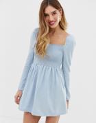 Asos Design Denim Shirred Mini Smock Dress In Lightwash Blue - Blue