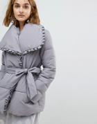 Lost Ink Wrap Front Padded Coat With Shawl Collar - Gray
