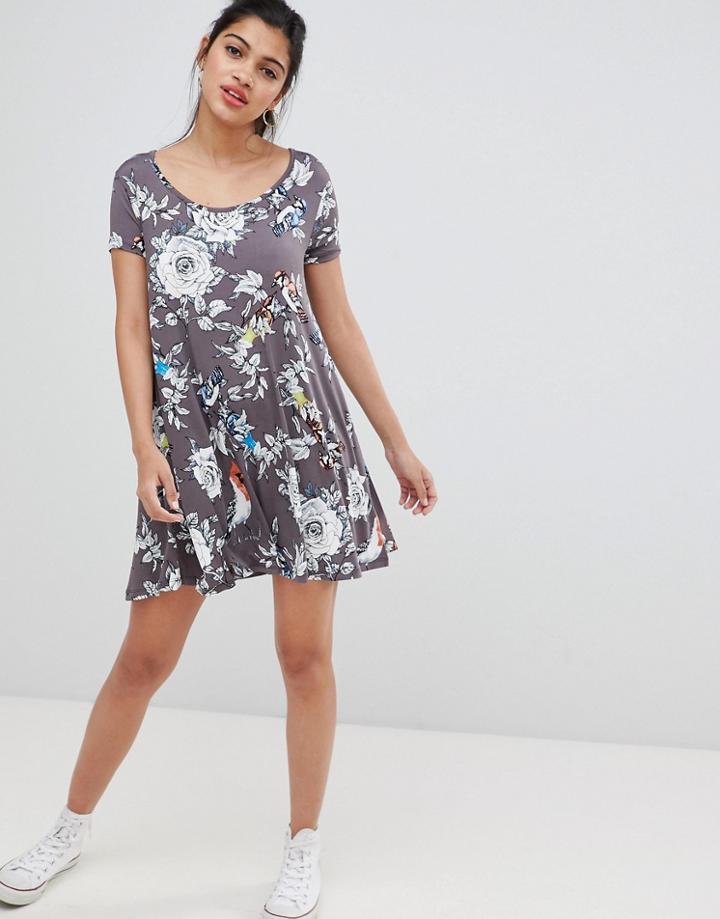 Brave Soul Swing Dress With Keyhole Back In Floral Bird Print - Gray
