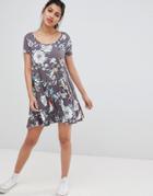 Brave Soul Swing Dress With Keyhole Back In Floral Bird Print - Gray