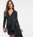 True Violet Exclusive Plunge Neck Side Peplum Mini Dress In Black - Black