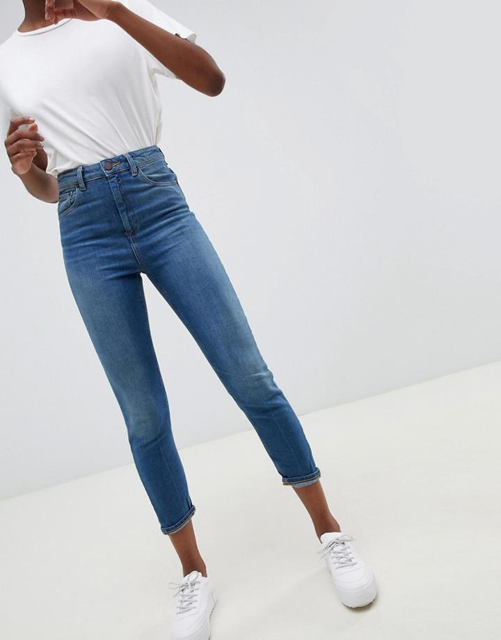 Asos Design Farleigh High Waist Slim Mom Jeans In Bright Blue Wash