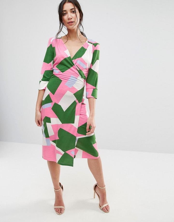 Traffic People Geo Print 3/4 Sleeve Wrap Dress - Yellow