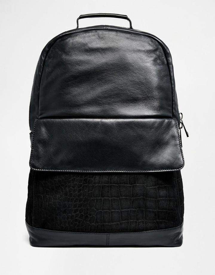 Asos Leather Backpack With Suede Embossed Front Pocket - Black