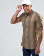 New Look Shirt With Retro Stripe And Short Sleeves In Khaki - Green