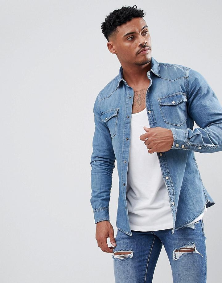Pull & Bear Denim Cowboy Style Shirt In Blue - Blue