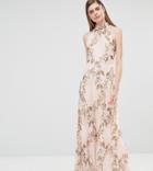 True Violet High Neck Pleated Maxi Dress In Rose Floral - Multi