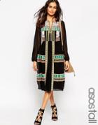 Asos Tall Premium Folk Midi Dress With Mirror Embroidery - Black