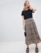 Asos Design Pleated Midi Skirt With Buttons In Leopard Print - Multi