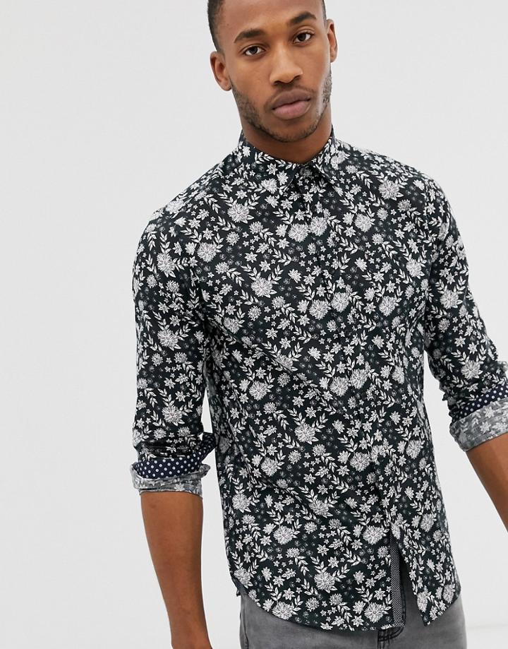 Ted Baker Long Sleeve Linen Shirt With Floral Print