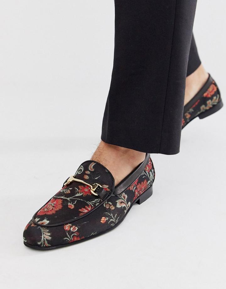 Walk London Jude Bar Loafers In Red Brocade - Black