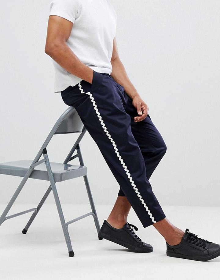 Asos Design Wide Balloon Cropped Pants In Navy With Wave Side Taping - Navy