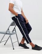 Asos Design Wide Balloon Cropped Pants In Navy With Wave Side Taping - Navy