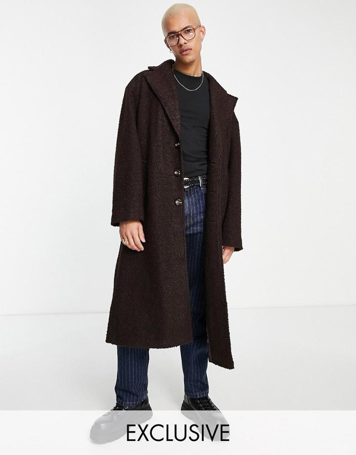Collusion Longline Textured Overcoat In Brown