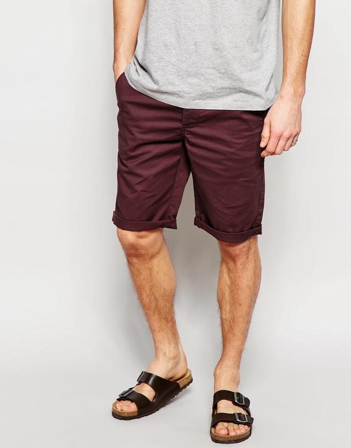 Asos Slim Chino Shorts In Long Length Burgundy - Burgundy