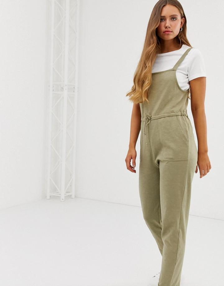 Pull & Bear Drawstring Waist Jumpsuit In Khaki - Green