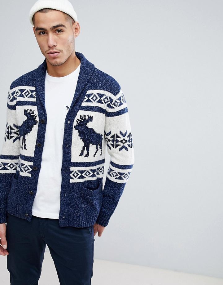 Abercrombie & Fitch Retro Moose Fairisle Pattern Shawl Cardigan In Navy/cream - Navy