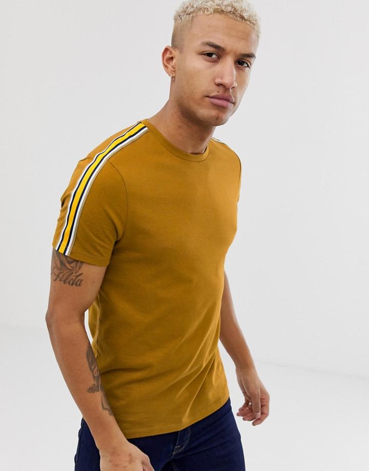Asos Design T-shirt With Contrast Shoulder Taping In Tan-brown