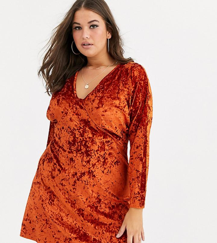 Asos Design Curve Long Sleeve Plunge Velvet Mini Dress-red