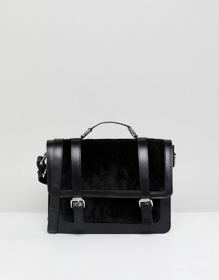 Asos Leather And Suede Mix Buckle Front Satchel - Black