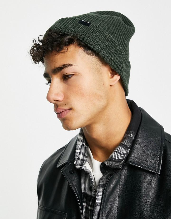 French Connection Fcuk Ribbed Beanie Hat In Dark Green