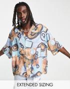 Asos Design Dropped Shoulder Oversized Revere Shirt With Abstract Design-blue