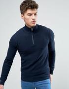 Solid Textured Sweater With Half Zip In Navy - Navy