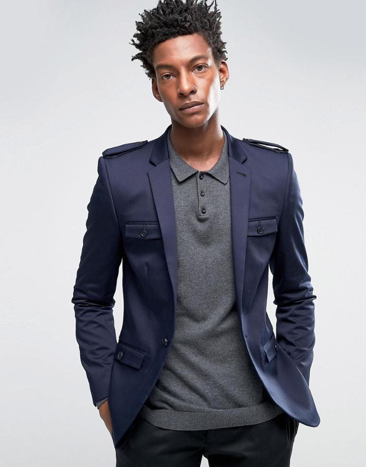 Asos Super Skinny Cotton Jacket With Military Styling In Navy - Navy