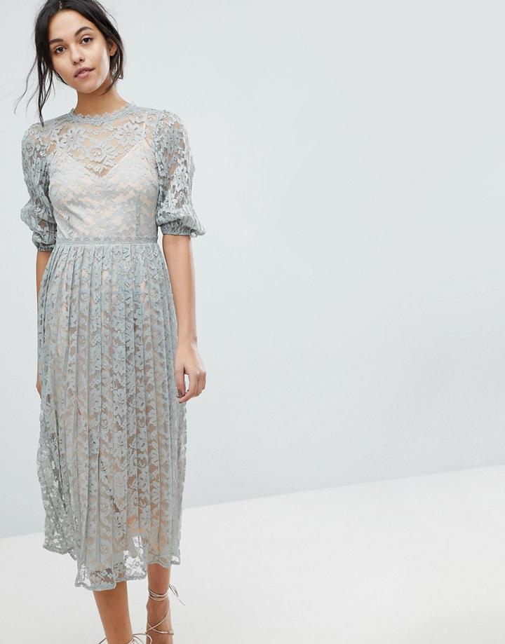 Little Mistress All Over Lace Maxi Dress With Balloon Sleeve Detail - Green