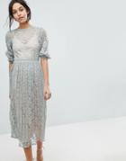 Little Mistress All Over Lace Maxi Dress With Balloon Sleeve Detail - Green