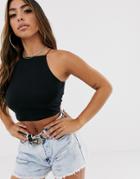 Asos Design Fuller Bust Crop Top With High Neck And Skinny Straps In Black