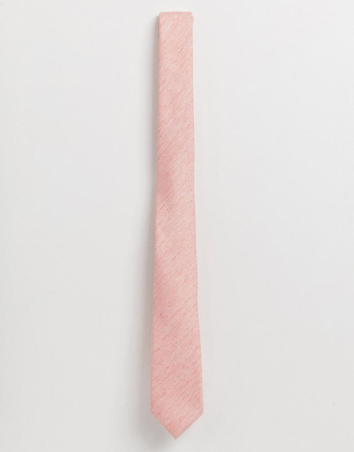 Asos Design Wedding Slim Tie In Textured Pink Linen Mix - Pink