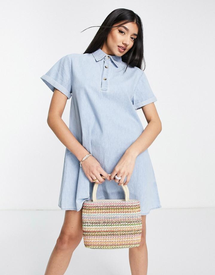 Asos Design Soft Denim Chuck On Dress In Lightwash-blue