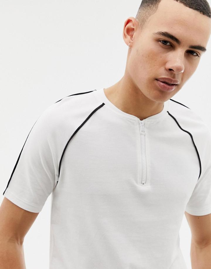 Only & Sons Zip Neck Pipe Detail T-shirt In White